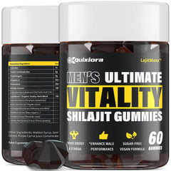 Quixiora Shilajit Gummies in a Himalayan jar showing premium resin formula for daily vitality.