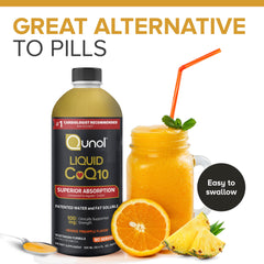 Qunol CoQ10 bottle pour showing convenient dosing for easy use.