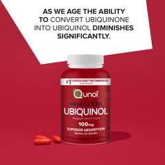 Qunol Mega Ubiquinol 100mg packaging on shelf highlights superior absorption