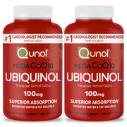 Qunol Mega Ubiquinol CoQ10 100mg softgels bottle for daily heart support.