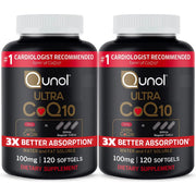 Qunol Ultra CoQ10 bottle front shows the 100 mg formula for daily energy support.