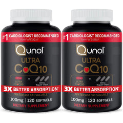 Qunol Ultra CoQ10 bottle front shows the 100 mg formula for daily energy support.