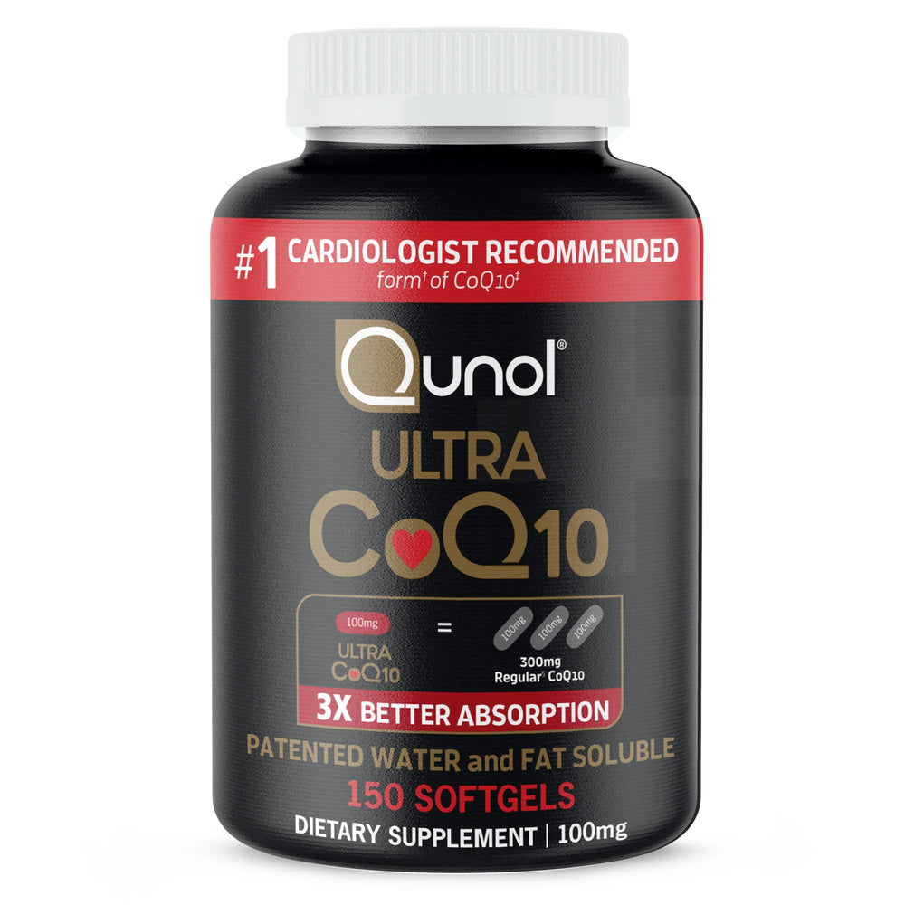 Qunol Ultra CoQ10 bottle front view for heart support and energy production.