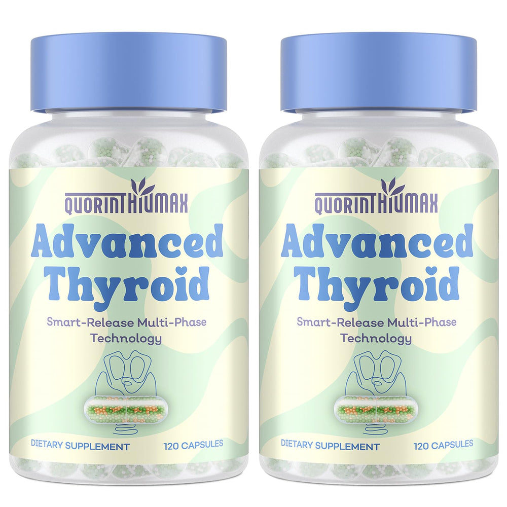 Quorinthiumax thyroid-support bottle front showing 120 capsules for a monthly routine.
