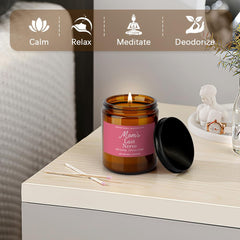 QWZify candle on a cozy coffee table, warm ambience.