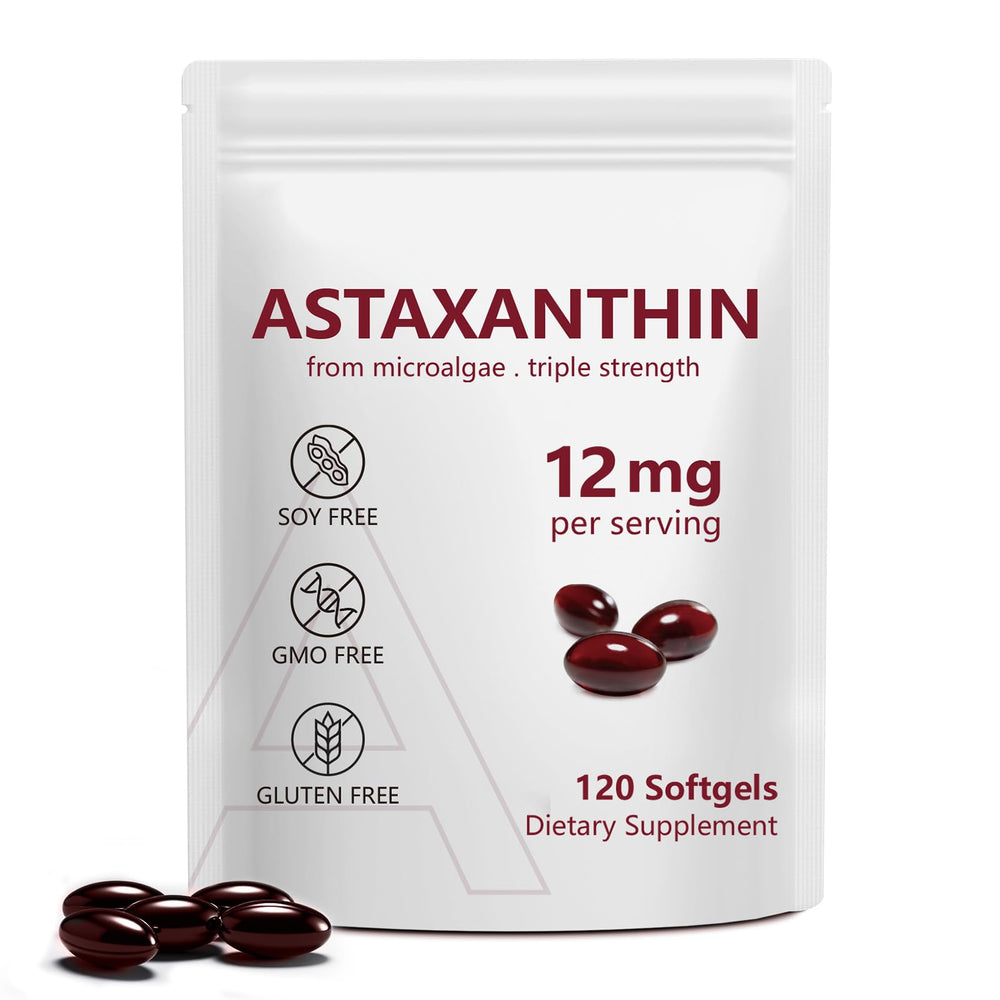 QYCOTXYR Astaxanthin bottle front shows 120 softgels for daily antioxidant support.