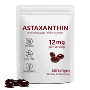 QYCOTXYR Astaxanthin bottle front shows 120 softgels for daily antioxidant support.