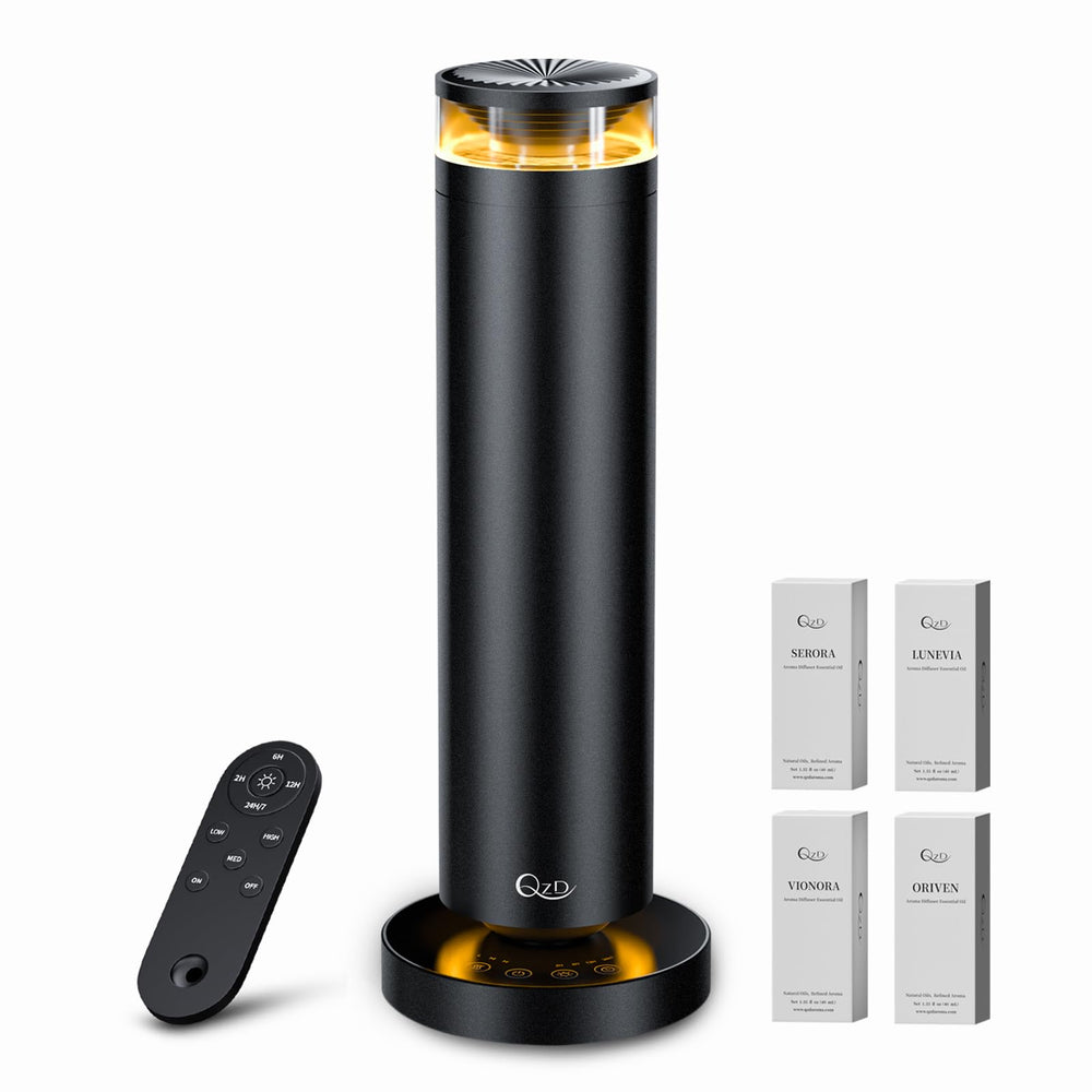 QZD A5 diffuser unit in black aluminum for a sleek home scent system.