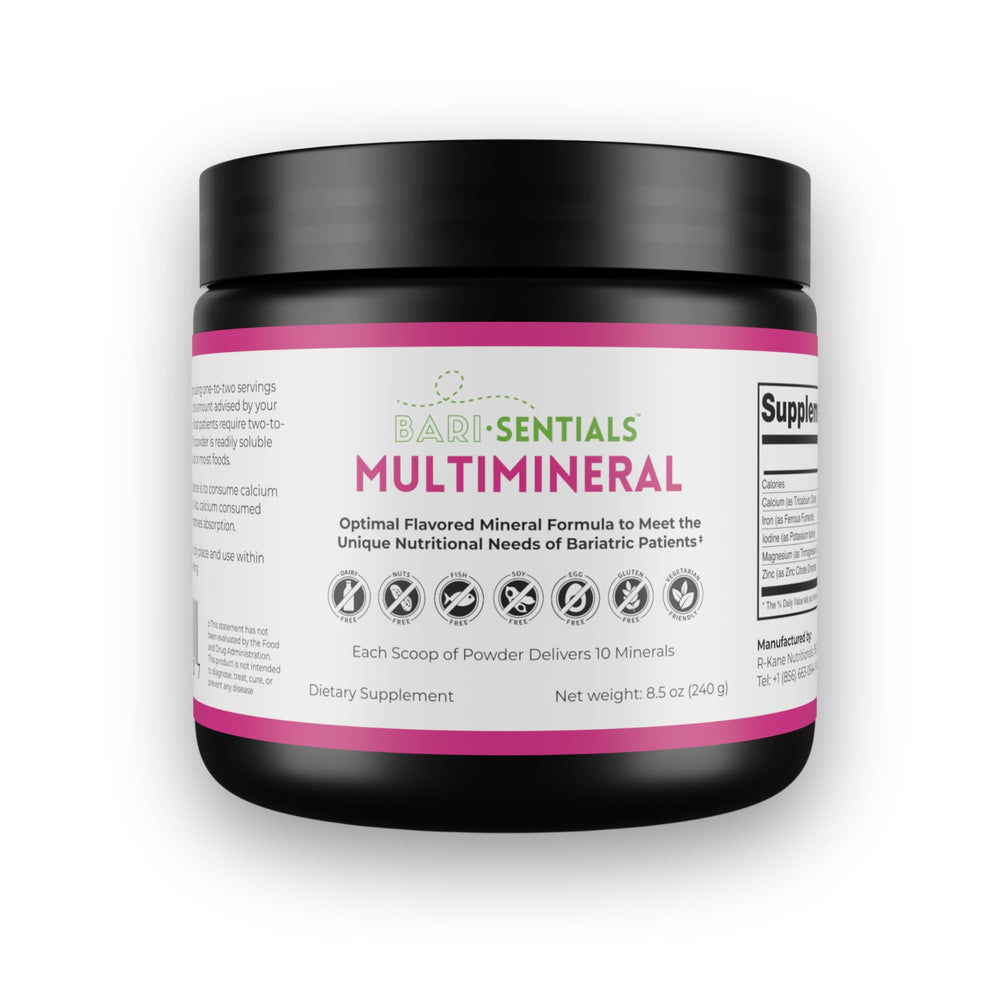 R-Kane Nutritionals Barisentials bariatric mineral powder tub supports post-surgery balance.