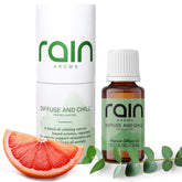 Rain Aroma Diffuse and Chill bottle pour highlights citrus-eucalyptus blend for unwinding.