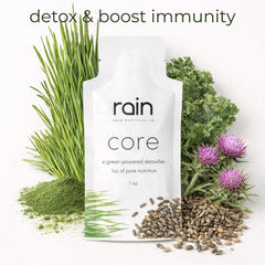 RAIN Core Greens Blend tub highlights the convenient powder form for quick smoothies.