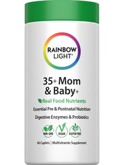 Rainbow Light 35+ Mom and Baby multivitamin bottle front with real food nutrients.
