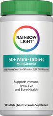 Rainbow Light 50+ mini-tablet multivitamin bottle with three easy-to-swallow tablets for daily use