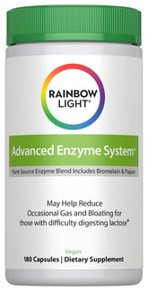 Rainbow Light Advanced Enzyme System bottle front view highlighting plant-source enzymes for digestion support.