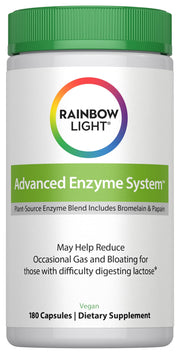 Rainbow Light Advanced Enzyme System bottle front view highlighting plant-source enzymes for digestion support.