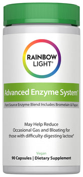 Rainbow Light Advanced Enzyme System bottle showing plant-sourced enzymes for daily digestion support.