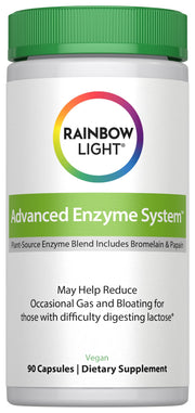 Rainbow Light Advanced Enzyme System bottle showing plant-sourced enzymes for daily digestion support.