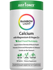 Rainbow Light Calcium Complex bottle front highlights vegan bone support and real food nutrients.