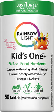 Rainbow Light Kids One+ chewables bottle supports daily vitamins with iron and tummy-friendly probiotics