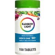 Rainbow Light Mens One 50+ bottle pour highlights high-potency immune support vitamins
