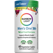 Rainbow Light Men's One 50+ tablet pack with bold label highlighting high-potency vitamins.