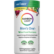 Rainbow Light Men's One High-Potency bottle promotes daily energy support.