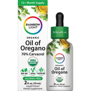 Rainbow Light Organic Oil of Oregano bottle pour showing easy daily dosing.
