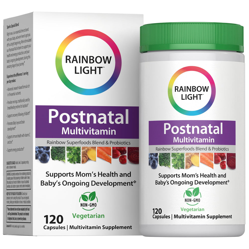 Rainbow Light Postnatal Multivitamin bottle with 19 nutrients for mom energy and baby development