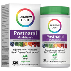 Rainbow Light Postnatal Multivitamin bottle with 19 nutrients for mom energy and baby development