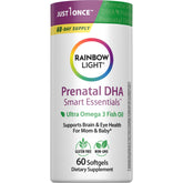 Rainbow Light Prenatal DHA bottle front highlights omega-3 support for mom and baby.