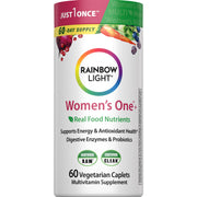 Rainbow Light Womens Multivitamin One+ bottle front view showing daily energy support and wellness potential.