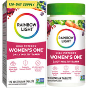 Rainbow Light Women’s One powder tub front shows convenient daily multivitamin packaging for busy days.