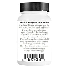 Rainforest Pharmacy Amazon Lung Support capsules highlighting non-GMO, ecologically wildcrafted ingredients.