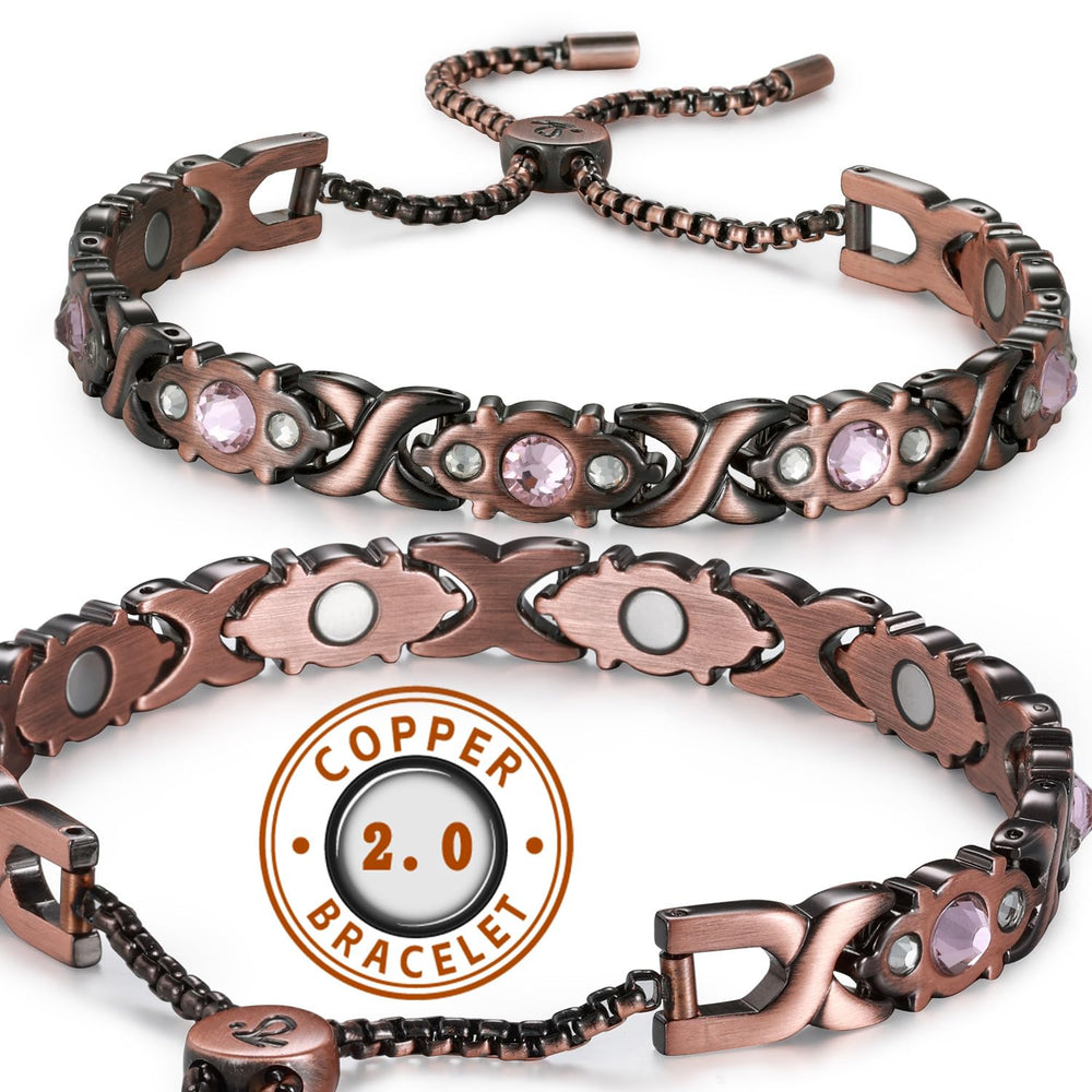 RainSo copper magnetic bracelet with pink crystal, adjustable band for a comfortable fit.