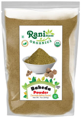 Rani Organic Baheda Powder in a jar, ideal for traditional Ayurvedic blends.