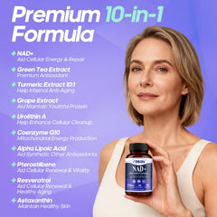 Rasav NAD+ 10-in-1 ingredients graphic highlights key antioxidants.