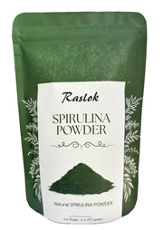 Raslok Pure Spirulina Powder bottle front shows pure, non-GMO formula for daily protein.