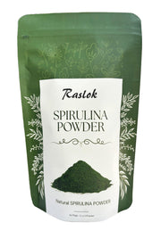 Raslok Pure Spirulina Powder jar close-up, vibrant green powder for daily energy.