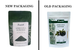 Raslok Spirulina powder with scoop, convenient vegan protein boost.