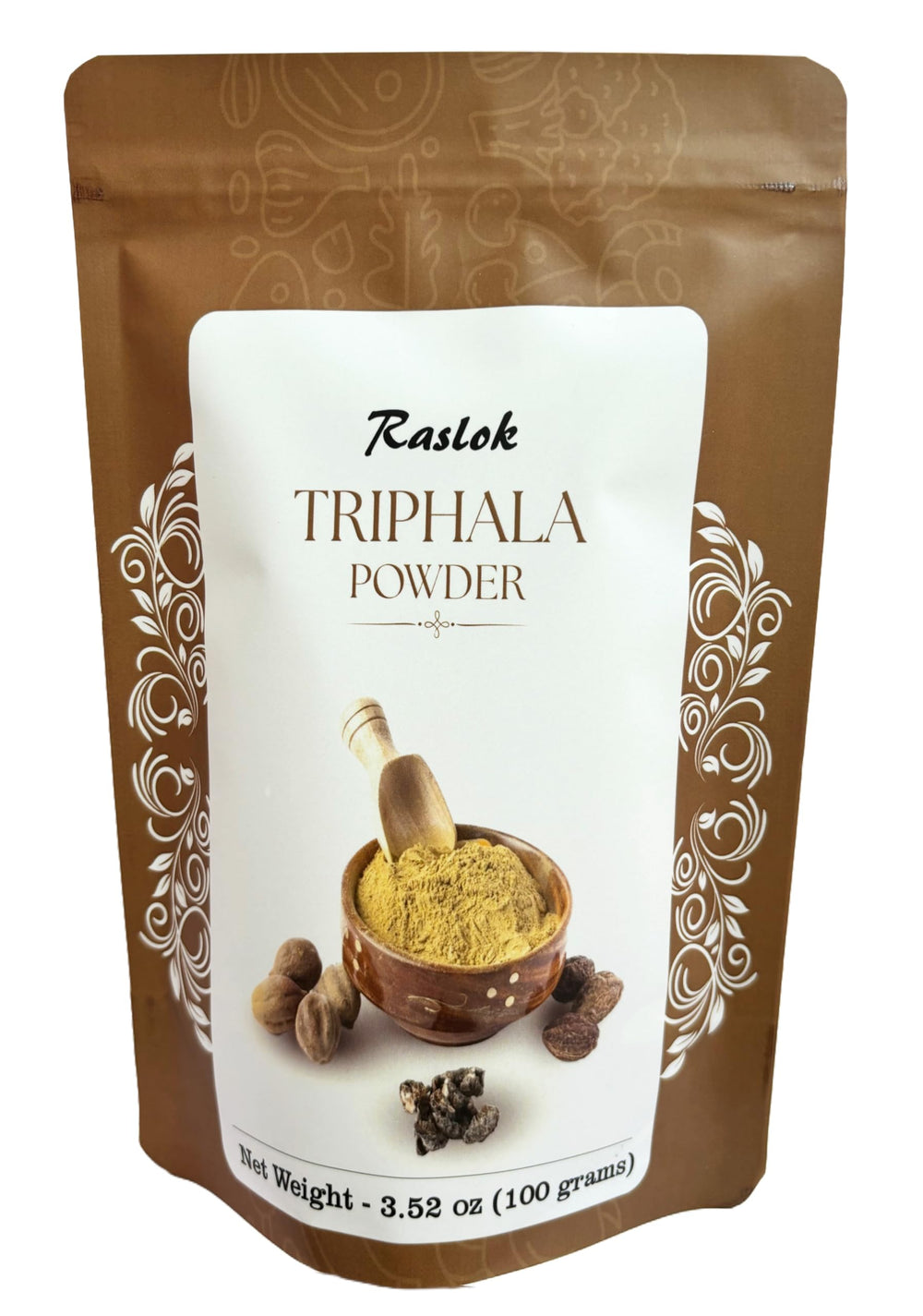 Raslok Triphala powder bottle highlights premium blend for digestive wellness and antioxidant support.