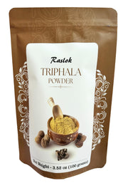 Raslok Triphala powder bottle highlights premium blend for digestive wellness and antioxidant support.