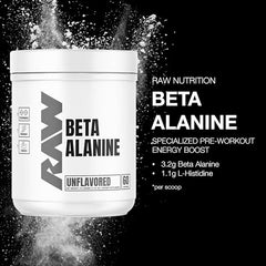 RAW Beta Alanine powder label closeup emphasizing pure ingredients.