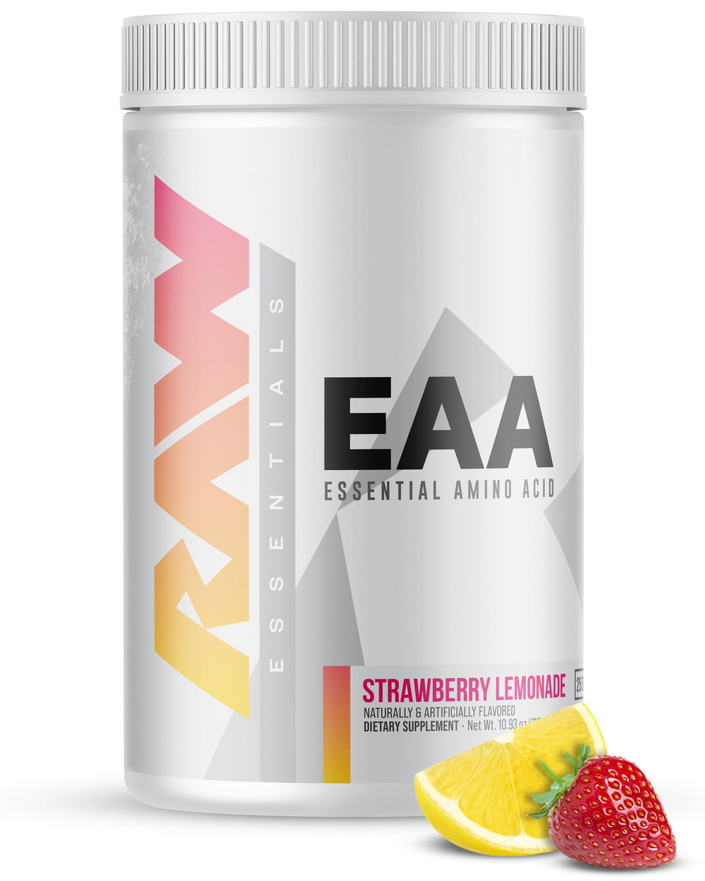 RAW EAA amino acids powder in Strawberry Lemonade bottle fuels workouts with endurance support.