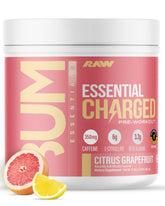 RAW Essential Charged citrus grapefruit bottle displaying ready-to-use pre-workout energy