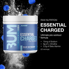 RAW Essential CHARGED powder scoop beside water, ready to energize workouts.