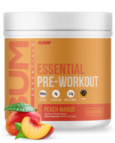 RAW Essential Pre Peach Mango bottle showing flavor and ingredient highlights