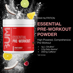 RAW powder closeup shows texture and premium ingredients for sustained energy