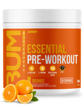 RAW Essential Pre-Workout Orange bottle front showing brand and flavor