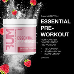 RAW Essential Pre-Workout Raspberry Creamthickle label closeup highlighting key ingredients.