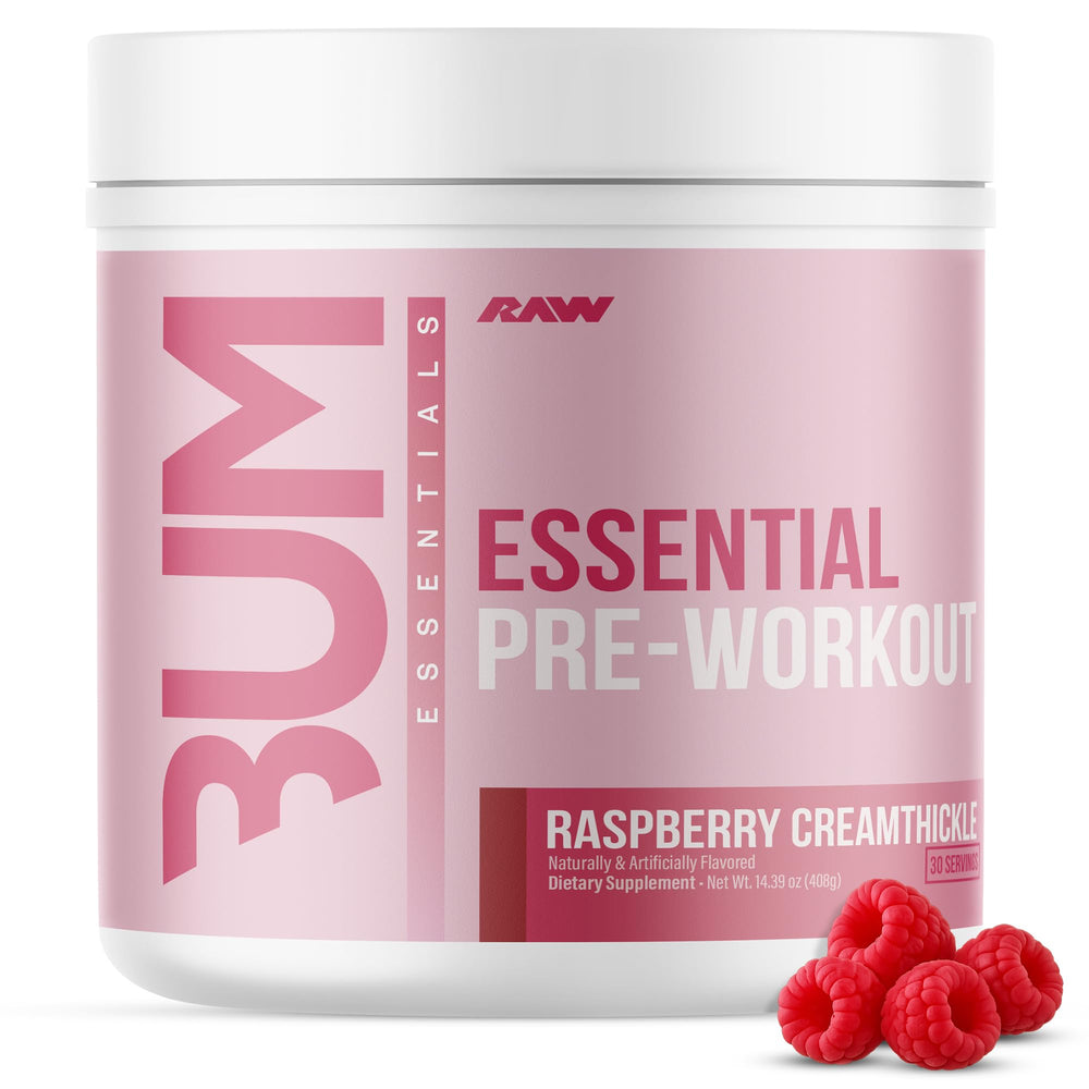 RAW Essential Pre-Workout Raspberry Creamthickle tub front for energized training sessions.